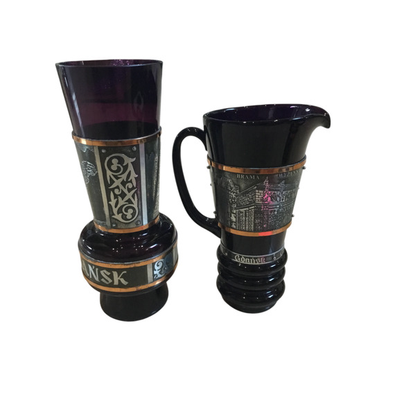 VTG Gdańsk Poland Souvenir Pitcher & Goblet Set – Amethyst Glass & Metal Etching - Picture 5 of 16